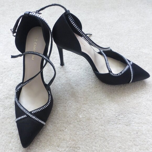 LE CHATEAU black satin pumps with skinny straps and clear rhinestones - Picture 9 of 11